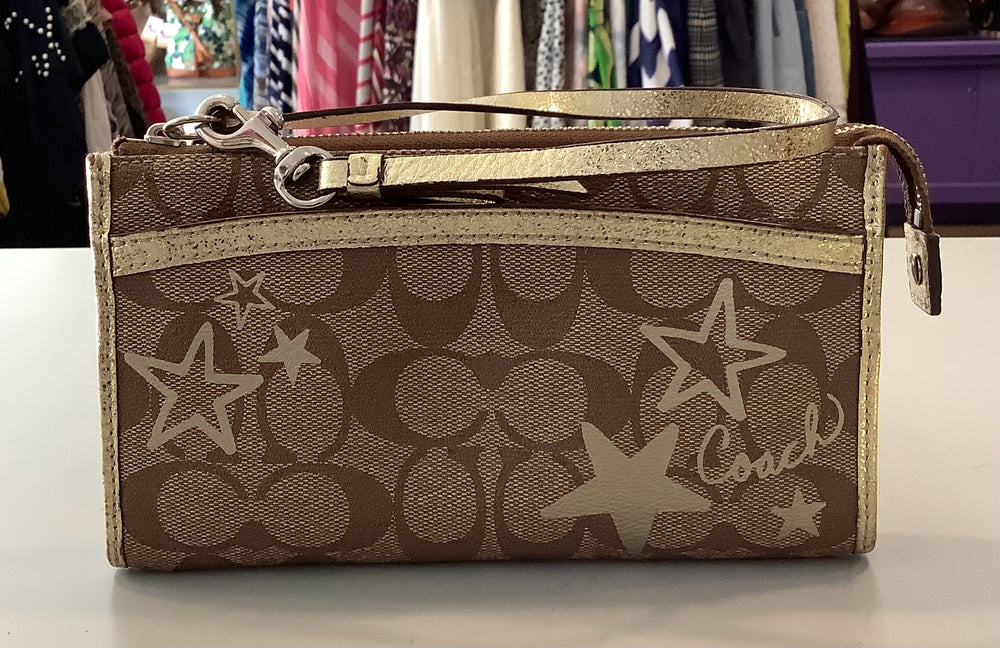 Coach Signature Wristlet Wallet Tan/Gold trim Star Zippy